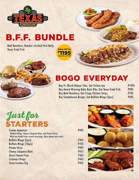 Menu de texas roadhouse - National City. 1908 Sweetwater Rd., National City, CA 91950. Get Directions 619-732-4257 Find Us on Facebook. JOIN WAITLIST ORDER TO-GO VIEW MENU.